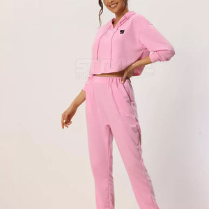 Winter Hooded Casual Solid <b>Crop</b> <b>Top</b> Tracksuit Set with Modern Cut and Soft Stretchy Construction - Product Image 2