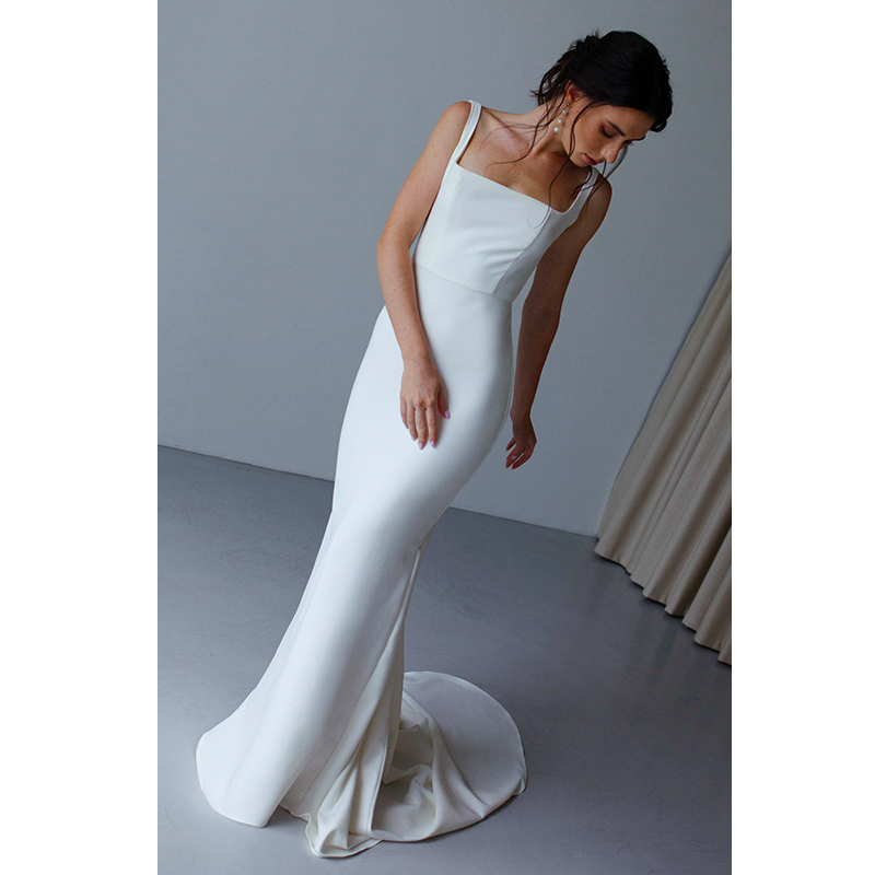 Stunning Simple square neckline sheath crepe wedding dress bridal gown Sleeveless summer modern beach