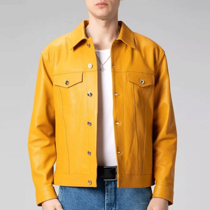 Chaqueta bomber con cierre abotonado de piel de cordero auténtica roja de camionero clásico para hombre - Product Image 3