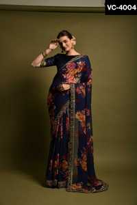 Vêtements ethniques indiens Georgette avec fleur imprimé Saree avec broderie travail coupe travail dentelle bordure et grande dentelle avec Banglory Blouse - Product Image 6