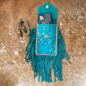 Pelo hecho a mano en cuero de vaca metálico turquesa flecos mujeres bandolera móvil bolso occidental cuero genuino Concho teléfono celular monedero - Product Image 5