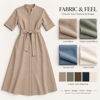Robe chemise mi-longue en lin tissé personnalisée pour l'été, respirante, lavable, faible MOQ, OEM, couleur unie, décontractée pour femme, vente en gros
