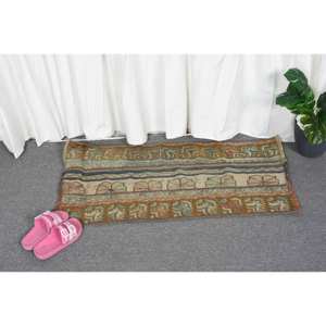 Traditional <b>Brown</b> Blue Patchwork <b>Wool</b> Rug 1.8 X 3.7 ft Handmade Turkish Jacquard Weave Latex for Hallway Bedroom Bedside Rugs - Product Image 4