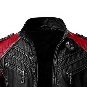 Blouson moto homme en cuir PU rouge et noir à blocs de couleur, col montant, fermeture éclair, coupe ajustée, manches classiques, style automne - Product Image 6