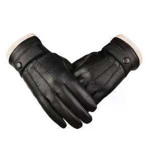 Vente en gros de gants d'hiver de haute couture en peau de mouton véritable et en cuir PU mitaines d'extérieur chaudes compatibles avec écran tactile et logo personnalisé - Product Image 4