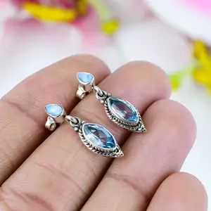 最新蓝色黄玉拉里玛侯爵夫人形状宝石女性礼品精品珠宝925纯银轻质耳环