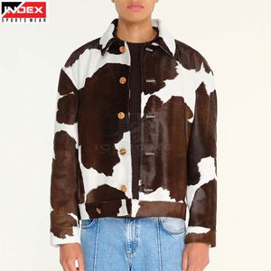 Veste en cuir de vachette haut de gamme pour homme, noir et blanc, imprimé vache, veste de moto - Product Image 1