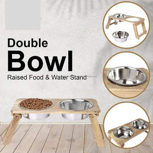 อุปกรณ์รับประทานอาหารสองชั้นสำหรับสัตว์เลี้ยงแบบยกสูงแบบเรียบง่ายพร้อมชามสเตนเลสที่ป้อนอาหารสุนัขด้วยไม้พร้อมขาพับสำหรับให้อาหารสัตว์เลี้ยง - Product Image 6