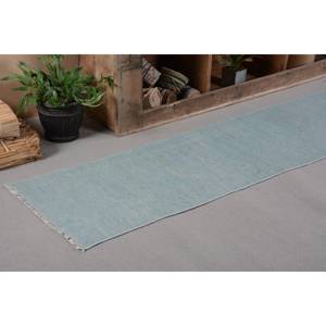Tapis Turc Vintage Moderne 1.8X9.5 pieds Bleu Patchwork Design Laine Matériau Plat Tissage Technique pour Décorations de Salon - Product Image 5
