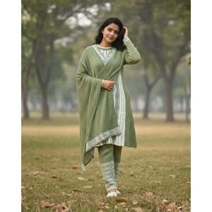 Ensemble Kurti 3 pièces en tissu de laine pour l'hiver, couleur vert pistache, manches longues, col rond, vêtements décontractés et festifs - Product Image 5
