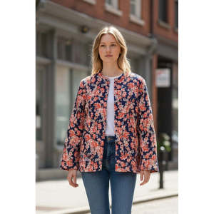 Chaqueta Acolchada Reversible de Algodón para Mujer, Estampado Floral Azul con Flores Rosas, Abrigo de Invierno, Talla XL - Product Image 1