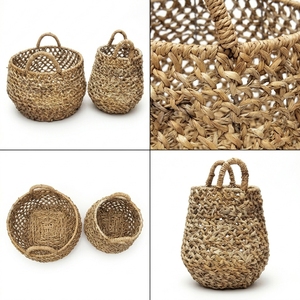 Natural Hand Woven Banana Bark <b>Basket</b> Set Open Web Net <b>Mesh</b> Belly Pot Planter Pure Art Arch Handle Decor Setup Room Design Craft - Product Image 3