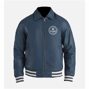 Men's Plain Blue and dark <b>brown</b> <b>Leather</b> Varsity <b>Jacket</b> - Product Image 1