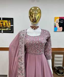 Designer georgette broderie diamant travail à la main robe avec duaptta manches longues festival porter prix de gros vêtement ethnique - Product Image 3