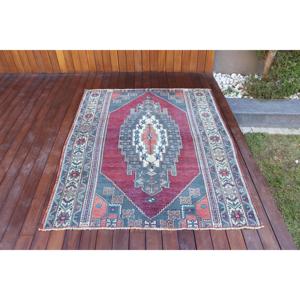 4.3x5.4 ft Turkish Accent Rug, <b>Red</b> Blue Vintage Ombr <b>Wool</b> Rug - Product Image 1