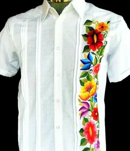Shinesia热卖夏季加大码男士短袖刺绣透气棉麻衬衫沙滩Guayabera男士衬衫