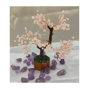 Toptan yüksek kalite gül kuvars taş ağacı 300 cips şifa şanslı kristal para ağacı Feng Shui Bonsai ev dekorasyon için