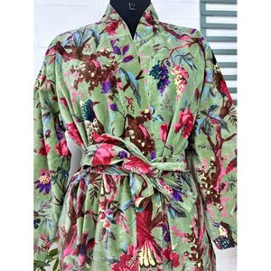 Luxury Unisex <b>Kimono</b> <b>Jacket</b> Elegant Bird Green Malibu Bluish Reversible <b>Silk</b> Lined Autumn Winter House Robe-One Size Fits All - Product Image 2