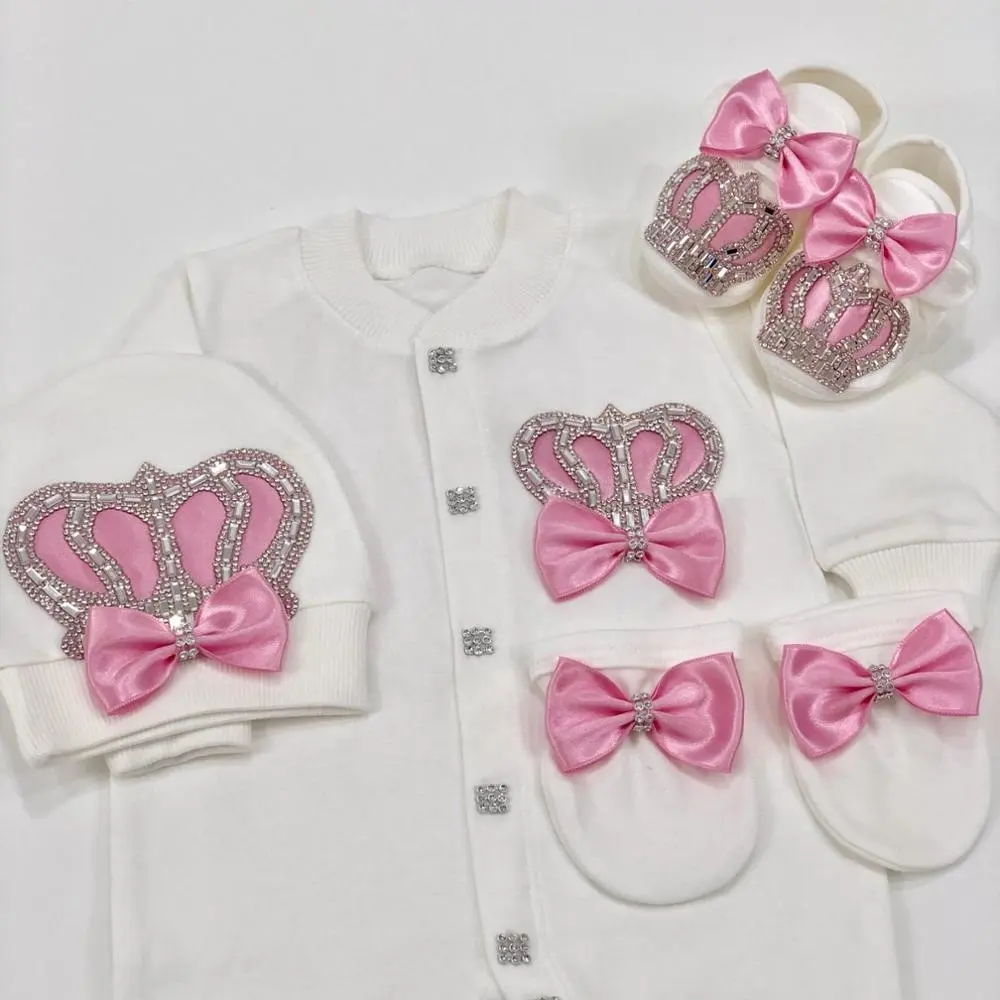 4 pezzi tessuto di cotone lavorato a maglia all'ingrosso personalizzato nuovo Design vestiti appena nati bambini rosa corona gioiello neonata pagliaccetto Set