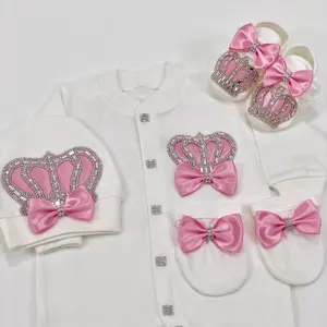 4 Pieces Cotton Fabric Knitted Wholesale Custom New Design Newborn Clothes Kids Pink Crown Jewel Baby Girl Romper Set