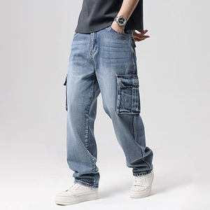 Salopette en jean unie pour homme, coupe droite ample, style rétro, multi-poches, lavable, tissu jean coloré foncé, pour l'été et le printemps - Product Image 4