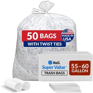 Sacs poubelle transparents Reli SuperValue de 55 à 60 gallons, très résistants, 50 unités avec attaches torsadées, grands sacs poubelle - Product Image 1