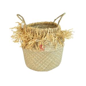 Panier de rangement pliable en jonc de mer avec pompon et deux poignées Tendance du Vietnam - Product Image 3