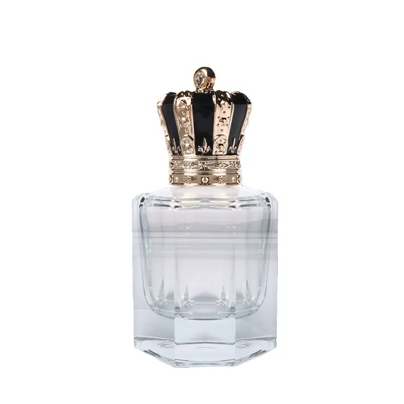 Stock Wholesale 100ml Dubai Arabic Oud Fancy Glass Spray Perfume Bottle With Crown Lid Thick Bottom