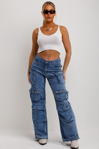 Customized Women's Summer Breathable Eco-Friendly 100% Cotton <b>Elastic</b> <b>Waist</b> Loose Straight Wide Leg Vintage Light Wash Quick Dry - Product Image 2