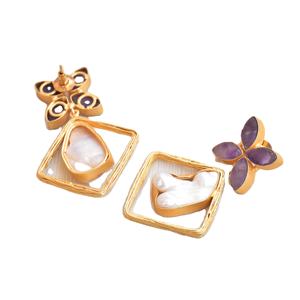 Boucles d'oreilles en laiton de qualité supérieure, plaquées or, avec perles et pierres naturelles brutes, design hautement poli, plaqué or, hypoallergénique, port sûr - Product Image 3