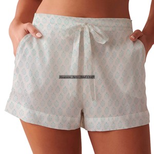 Vêtements pour femmes de haute qualité, tissu en coton imprimé à la main, short à taille élastique avec cordon de serrage, confortable pour dormir, plage - Product Image 3