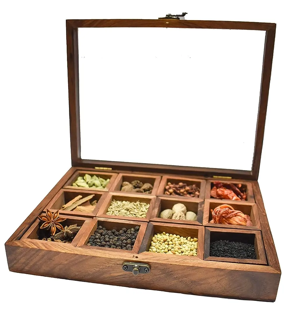 Rak bumbu desain antik Organizer kotak penyimpanan kayu kerajinan tangan India alat herbal coklat & bumbu pemoles kayu harga murah