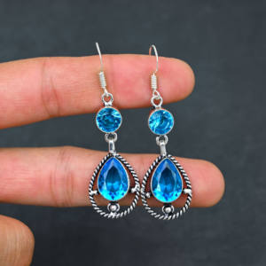 Piedra preciosa de Topacio Azul creada en laboratorio 10X14 MM Ajuste de bisel de pera Pendientes chapados en plata esterlina 1,90 pulgadas joyería fina regalo fiesta - Product Image 6