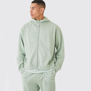 2025 Streetwear personnalisé unisexe poids lourd en détresse fermeture éclair Jogging survêtement ensemble Applique Patch Logo hiver décontracté solide - Product Image 3