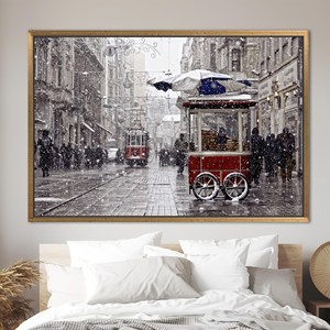 Istanbul Landscape Canvas: Winter Print, Red Tram Artwork, Modern Decor,1P:Gold <b>Framed</b> - Product Image 1