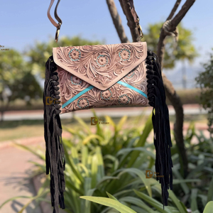 Nuevo Diseño de Bolso de Mano con Flecos Hechos a Mano, Cuero Genuino, Tallado Artesanal, Color Turquesa, Bolso Bandolera, Bolsos Elegantes para Mujer - Product Image 1
