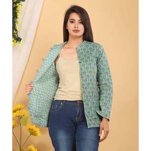 Handmade 2025 Blue <b>Quilted</b> Winter Cotton Jacket for Women Full Sleeves Reversible <b>Double</b> Pockets Button Embroidery Autumn - Product Image 1