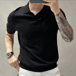 Ropa de hombre, camiseta Polo de punto básica fina e informal sencilla a la moda de verano para hombre, Jersey transpirable ajustado de manga corta sólido para hombre, Tops - Product Image 3