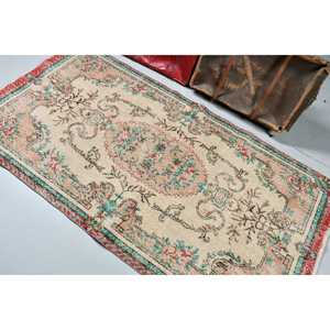3.6x6.9 ft Rug, Turkish Vintage Rug, <b>Red</b> Green Ikat <b>Wool</b> Rug - Product Image 3