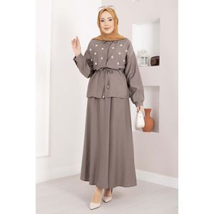 Conjunto de 2 Piezas Estilo Club Casual: Falda con Cintura Decorada con Piedras y Estampado de Leopardo en Color Visón, Tallas XS a XL - Product Image 3