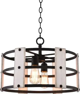 Cage en fer enduit de poudre noire au design moderne de luxe avec suspension en bois Offre Spéciale luminaire en métal pour bureau à domicile - Product Image 1
