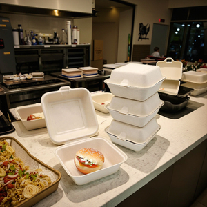 MFPP - Caja de Almuerzo Desechable Biodegradable y Ecológica de Plástico de 9x9 Pulgadas, Tipo Concha con Tapa con Bisagras, para Restaurantes y Comida para Llevar - Product Image 1