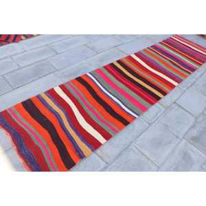 Turkish <b>Runner</b> Rug 2.8x10.8 ft, Vintage Kilim <b>Red</b> Ikat Wool Rug - Product Image 3