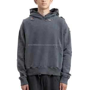 Sweat-shirts à capuche sans cordon avec ourlet coupé, broderie appliquée vieillie personnalisée, style urbain, 100% coton, délavage à l'acide léger - Product Image 1