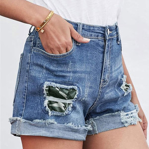 Pantalones cortos de mezclilla bordados de alta calidad para mujer, color sólido informal con lavado desgastado y diseño corto caliente de bolsillo - Product Image 4