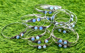 Opalite Gemstone Chunky Vintage Antique Silver Plated Brass Bangles Unisex Jewelry Prem Bhaya BN22 for Anniversary Fashion - Product Image 4