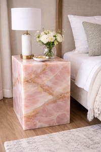 Table d'appoint en onyx rose de luxe, table de chevet en onyx naturel faite à la main, table d'appoint moderne en marbre, meubles de décoration pour salon et chambre à coucher - Product Image 5