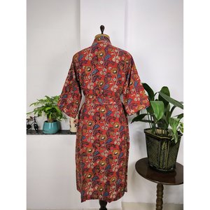 Pure Cotton Boho House <b>Robe</b> Indian Handprinted Summer Dress Maroon Yellow Floral Print Soft Bridal Maternity <b>Beach</b> Coverup for - Product Image 5