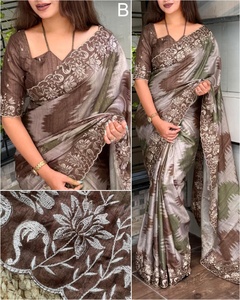 ผ้าไหมทัสเซอร์ลายชาติพันธุ์แบบใหม่ล่าสุด พร้อมขอบปักลายสวยงาม มีสินค้าในสต็อก เหมาะสำหรับงานแต่งงาน ผู้หญิงอินเดีย - Product Image 4