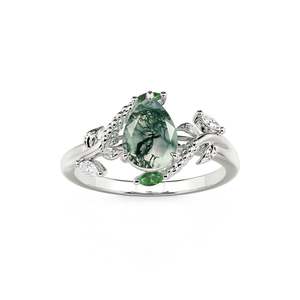แหวน Jeulia Hug Me Bypass Leaf ชุบทองคำขาว 18K ประดับด้วยหินมอสอาเกตทรงลูกแพร์ - Product Image 3